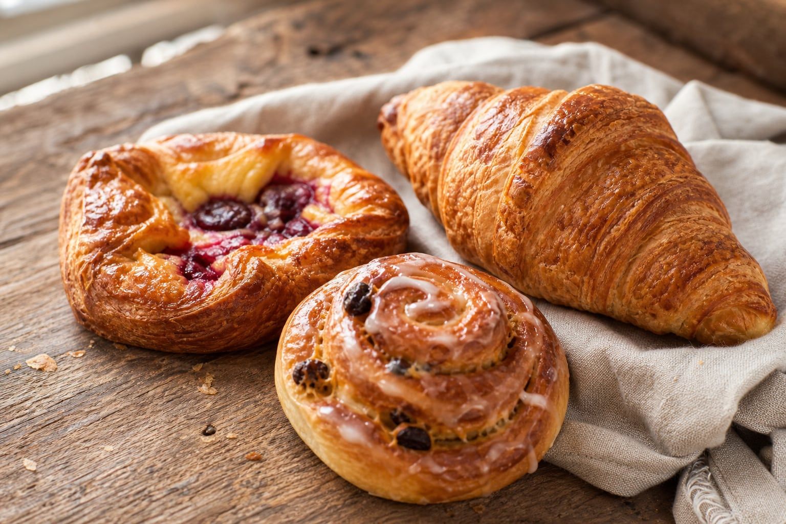 Croissant, fruit Danish and glazed morning bun