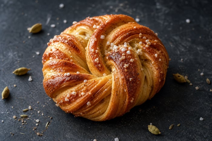 Golden-brown braided cardamom bun