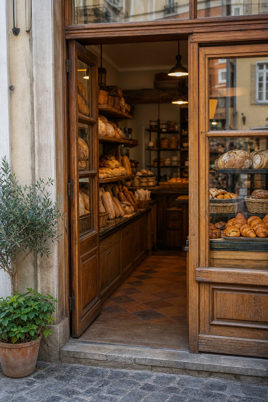 Open bakery entrance with stocked bread and pastry shelves